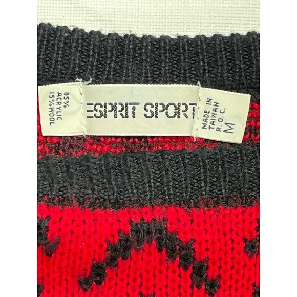 Vintage‎ ESPRIT Sport Black Red 80s Geometric Knit Sweater Medium - Picture 3 of 8